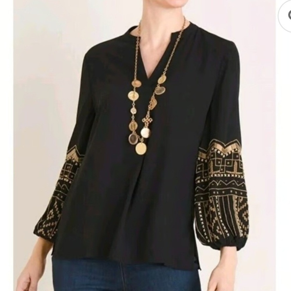 Chico's Peasant Blouse Womens 2 L‎ Black Gold Beaded Sleeve Embellished Top NEW